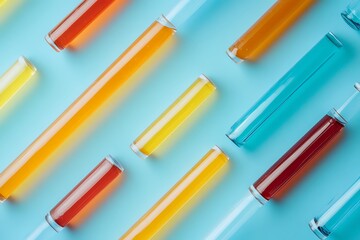 A vibrant collection of colorful liquid samples arranged diagonally across a light blue background, showcasing the beauty of scientific experimentation and the potential for discovery.