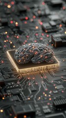 Brain-like object on a circuit board with glowing microchip and electronic components