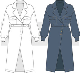 Jean shirt dress flat sketch fashion technical drawing, illustration. Denim Dress Vector, CAD, Mockup.