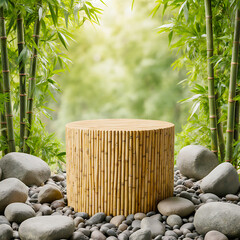 Natural Bamboo Pedestal with Smooth River Stones and Blurred Green Forest Background for Product Stage