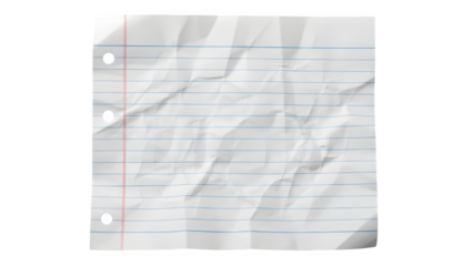 Crumpled White Lined Notebook Paper with Punch Holes Isolated on White