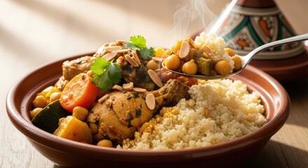 A bowl of couscous with chicken and vegetables in a tagine dish, garnished with almonds and cilantro, on a wooden table with a sunlit background.