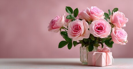 Obraz premium Pink Rose Bouquet with Mini Gift, Perfect for celebrations, romantic gestures, thank-you moments, or feminine lifestyle content