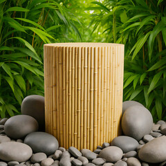 Crafted Bamboo Cylinder Pedestal with Smooth Dark Pebbles and Dense Foliage for Spa Products