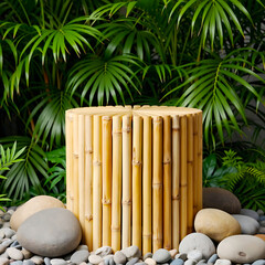 Bamboo Ribbed Podium for Product Showcase with River Rocks and Lush Tropical Palm Leaves
