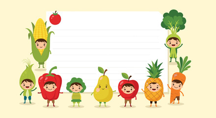 Fototapeta premium An adorable frame for text featuring cute children dressed in a variety of colorful fruit and vegetable costumes.