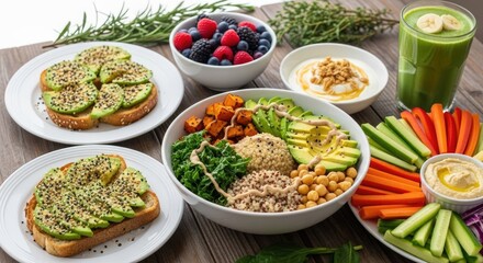 A vibrant, colorful, healthy meal featuring a variety of fresh vegetables, fruits, and grains, presented on a wooden table with a green and white background.