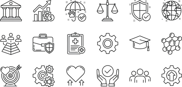 Professional business ethics and institutional governance line icons featuring banking buildings justice scales strategic growth charts graduation caps and global networking symbols