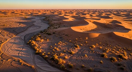A vast, arid desert landscape with sand dunes and a winding river at sunset.