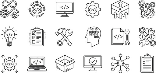 Professional software development and DevOps line icons featuring infinity symbols coding on monitors gears with code tags binary head and agile project management tools