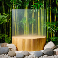 Ribbed Bamboo Podium with Square Frosted Glass and Soft Mist in a Tropical Bamboo Background