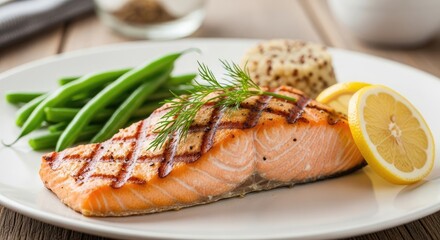 A plate of grilled salmon with green beans and lemon slices.