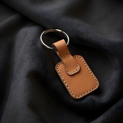 Detailed close-up shot captures the exquisite craftsmanship of a tan leather rectangle keychain with sturdy silver hardware.