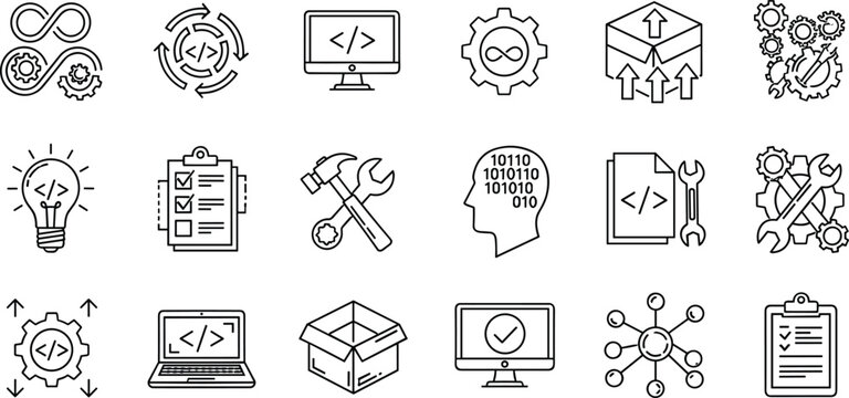 Professional software development and DevOps line icons featuring infinity symbols coding on monitors gears with code tags binary head and agile project management tools