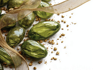 Sparkling Jewels and Delicate Ribbon: A collection of lustrous green jewels and elegant gold ribbon grace a pristine surface, creating a captivating visual display of opulence and refined beauty.