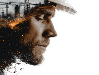 Construction Worker's Vision: An introspective construction worker's profile blends with industrial elements, evoking resilience, dedication, and the complexities of building.