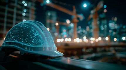 Construction Site at Night: A high-angle view unveils a construction site bathed in the glow of the night, featuring a construction helmet atop a structure, showcasing the ongoing activity. 