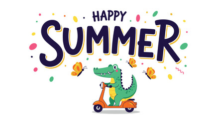 Fototapeta premium A cheerful summer illustration featuring a cute crocodile riding a scooter with butterflies and Happy Summer hand-lettered text.