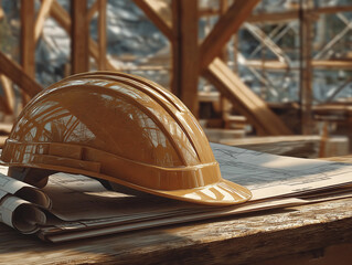 Construction Blueprint and Safety: A hard hat rests atop architectural blueprints, symbolizing safety and planning within a new building. This image embodies careful construction.