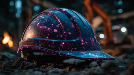 Abstract Safety Helmet: This image features a futuristic safety helmet, showcasing innovative design and safety. The helmet is the symbol of protection, standing out amidst a darker.