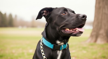 A black dog with a blue collar sitting in a grassy field.