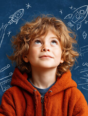 A Young boy Dreaming of the future: A young boy, full of wonder and curiosity, gazes upward with eyes alight.