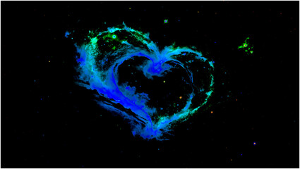 Abstract glowing blue and green colour  heart shape with stars on a dark space background symbolizing love