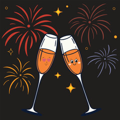 Cartoon Champagne Glasses Toasting with Fireworks at Night Illustration