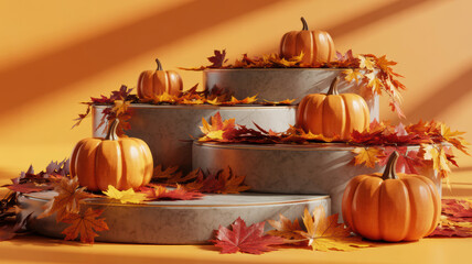 Orange Pumpkins and Autumn Leaves on Tiered Pedestals with Orange Background