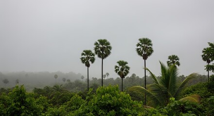 A misty forest with tall palm trees and lush green foliage under a cloudy sky.