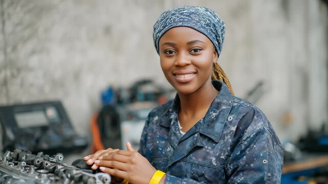 134African American woman apprentice in a manufacturing plant assembling mechanical components on a metal table, switching from electrical to mechanical installation work, with a blan