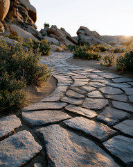 Stone Pathway in Scenic Landscape: A sun-kissed pathway of stone meanders through a serene landscape, inviting exploration and contemplation amidst the beauty of nature.