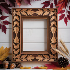 Ornate wooden picture frame with carved oak leaves surrounded by autumn foliage