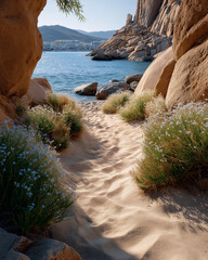 Pathway to Paradise: A sun-kissed path of sand winds its way towards the tranquil waters, embraced by rugged rocks and blossoming flora, beckoning the viewer into a serene coastal oasis.