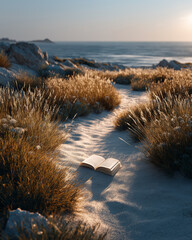 Open Book by the Shore: An open book lies peacefully on a sandy path, illuminated by the gentle sunlight of the coast.