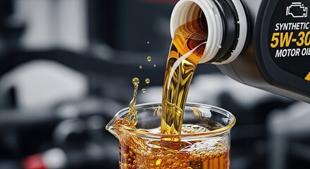A bottle of motor oil being poured into a beaker.