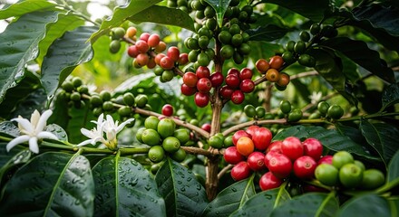 Coffee beans on a tree branch with green and red berries.