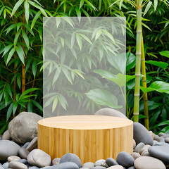 Zen-inspired wooden podium with frosted glass backdrop and river stones for product presentation in a bamboo garden