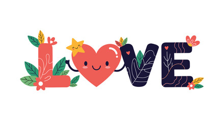 A decorative and floral illustrated word LOVE with a cute smiling heart character making up the letter O for Valentine's Day.