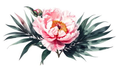 Watercolor style depiction of a blooming peony with bud and dark green leaves