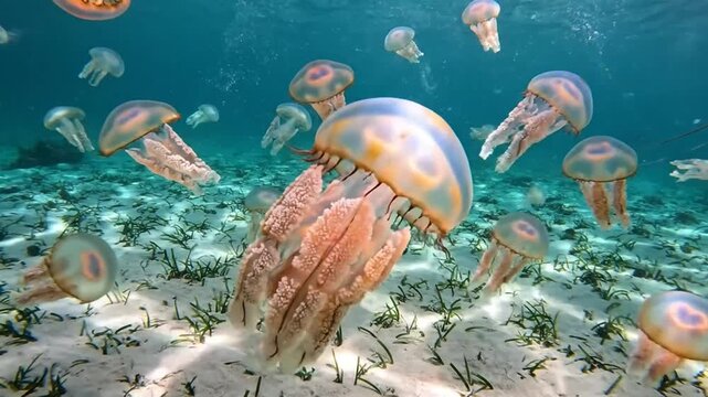 Graceful Underwater Dance: Majestic Jellyfish Swimming in a Tranquil Ocean Environment, Sunny Sunlight