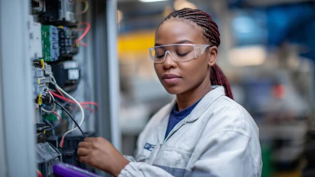 138A Black female technician calibrating sensors on a production line in a high-tech manufacturing facility, wires, control modules, and handheld diagnostic devices around her, the bl