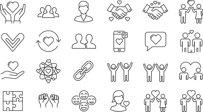 Complete set of social care and community line icons featuring heart symbols handshakes diverse people groups friendship support and charitable connection elements