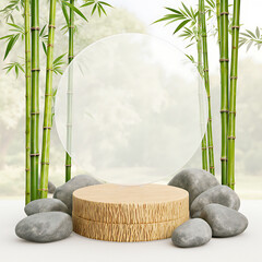 Bright minimalist product display with textured wood podium and circular glass backdrop in a bamboo garden