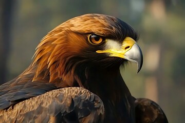 Majestic golden eagle, a regal gaze piercing through a blurred forest backdrop, bathed in warm sunlight.