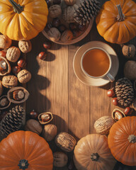 Overhead view of pumpkins nuts pinecones and a cup of tea on wooden table