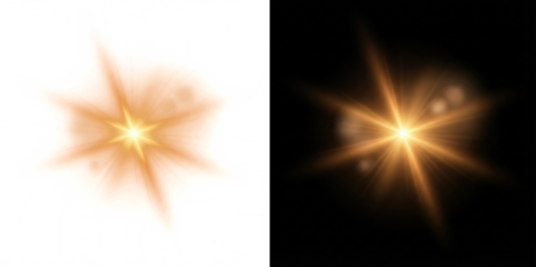 Realistic golden lens flare with sun rays and bokeh light effect PNG