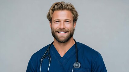 168Portrait of a cheerful male doctor in scrubs with stethoscope, light gray background, professional and kind demeanor
