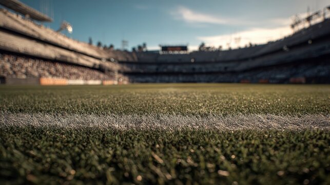 A close-up view of a green grassy field with a white line, leading towards a vast stadium filled with blurred spectators under a bright sky