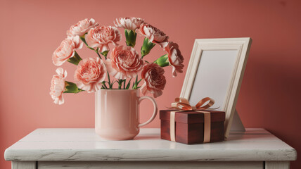Pink carnations in a mug beside a gift box and photo frame